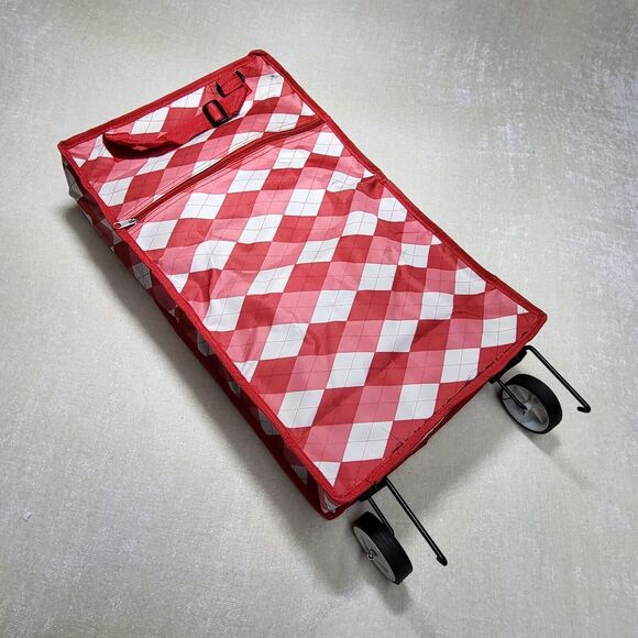 Rolling Travel Bag Collapsible Red White Argyle Print - Picture 3 of 8